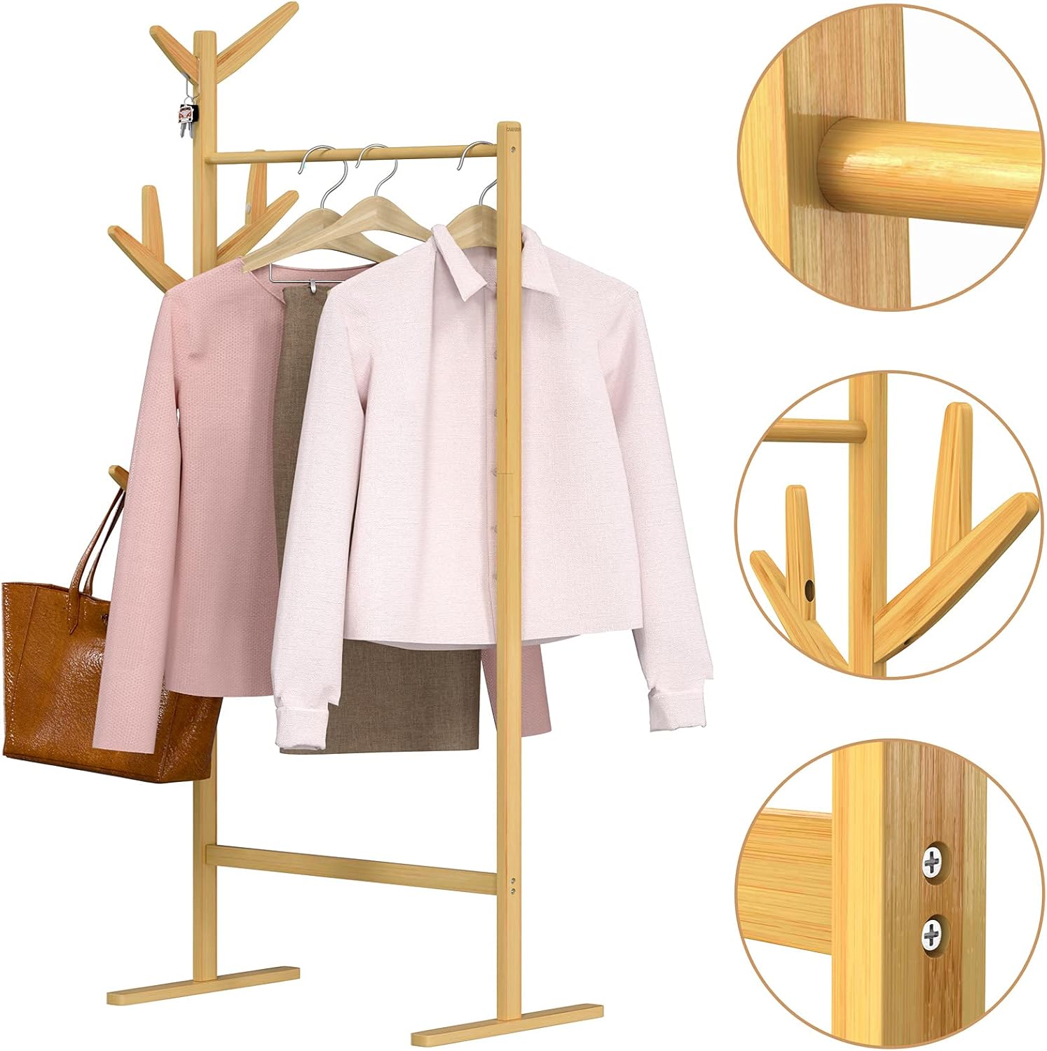 Casaria® Kleiderständer Holz Stabil Bambus Kleiderstange inkl. 8 Haken Offen Freistehend Garderobenständer 165x65cm Schmal Schlafzimmer Flur Garderobe — Ansicht 5
