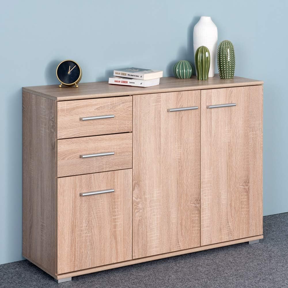 Casaria® Kommode mit 3 Türen 2 Schubladen 107x75x35cm Holz Modern spiegelbarer Aufbau Schlafzimmer Büro Flur Mehrzweckschrank Aktenschrank Schrank Eiche — Ansicht 2