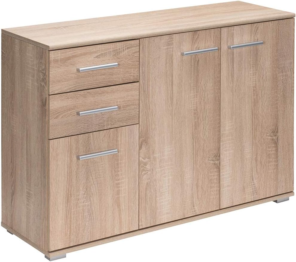 Casaria® Kommode mit 3 Türen 2 Schubladen 107x75x35cm Holz Modern spiegelbarer Aufbau Schlafzimmer Büro Flur Mehrzweckschrank Aktenschrank Schrank Eiche