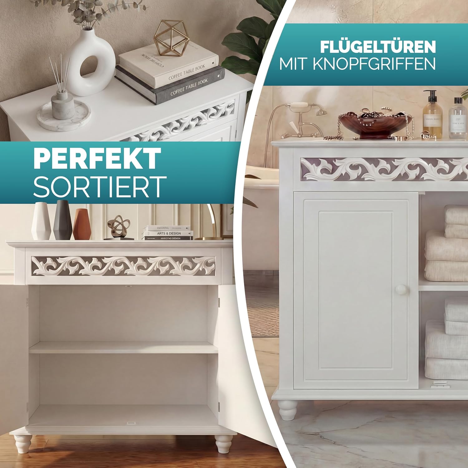 Casaria® Kommode Weiß Wohnzimmer Flur Holz Sideboard 2 Türen Landhaus Stil Schlafzimmer Kommodenschrank herausnehmbarer Boden Schmal 76x65x35cm Klein — Ansicht 4