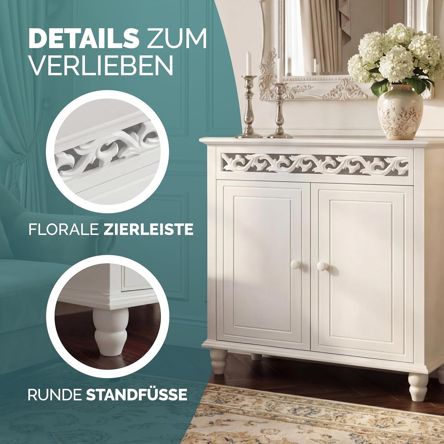 Casaria® Kommode Weiß Wohnzimmer Flur Holz Sideboard 2 Türen Landhaus Stil Schlafzimmer Kommodenschrank herausnehmbarer Boden Schmal 76x65x35cm Klein — Ansicht 6