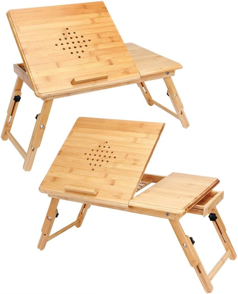 CASARIA® Laptoptisch Höhenverstellbar Holz 2er Set 5-Fach Neigbar inkl. Schublade Lüftungslöcher Bambus Laptop Notebook Ständer Bett Couch Sofa Tisch