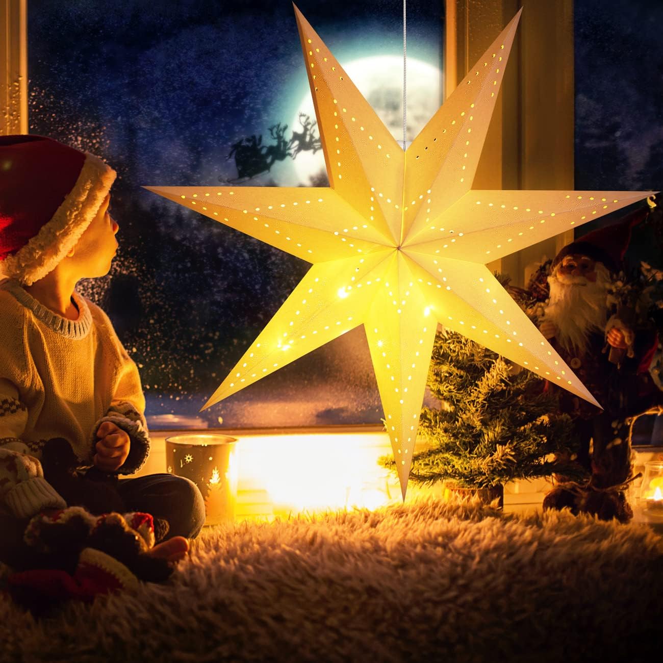 CASARIA® LED Weihnachtsstern Beleuchtet 60 cm Batterie Fenster Innen Weihnachtsdeko Weihnachten Fensterdeko Leuchtstern Dekostern Papierstern Weiß — Ansicht 5