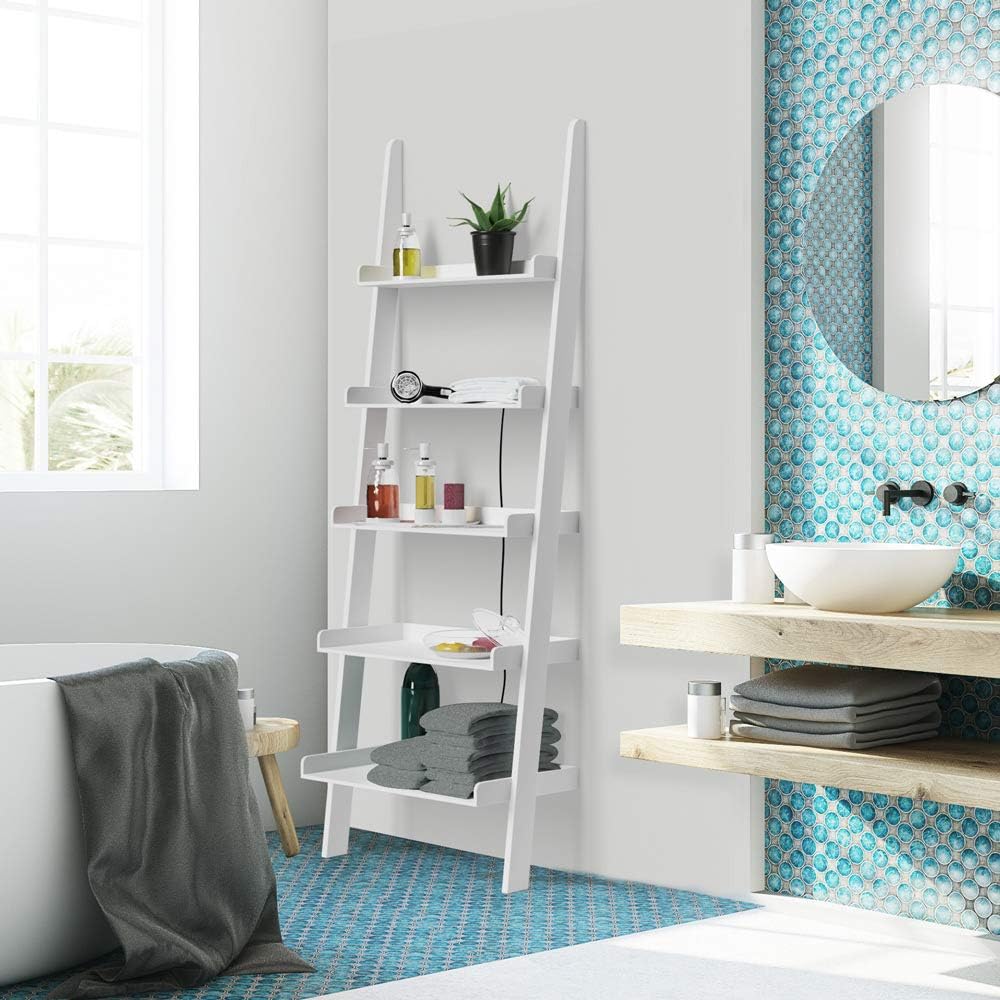 Casaria® Leiterregal Weiß 180x65cm 5 Ebenen je 10kg Belastbarkeit Holz Groß Deko Blumen Bücher Badezimmer Wohnzimmer Küche Standregal Bücherregal Regal — Ansicht 2