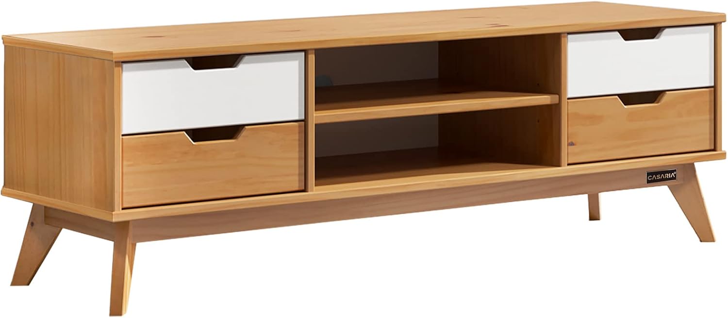 Casaria® Lowboard 140x42x40cm FSC®- Zertifiziert 4 Schubladen 2 Fächer Kiefer Massiv Natur Holz Wohnzimmer Flur TV Schrank Board Fernsehtisch Möbel Weiß