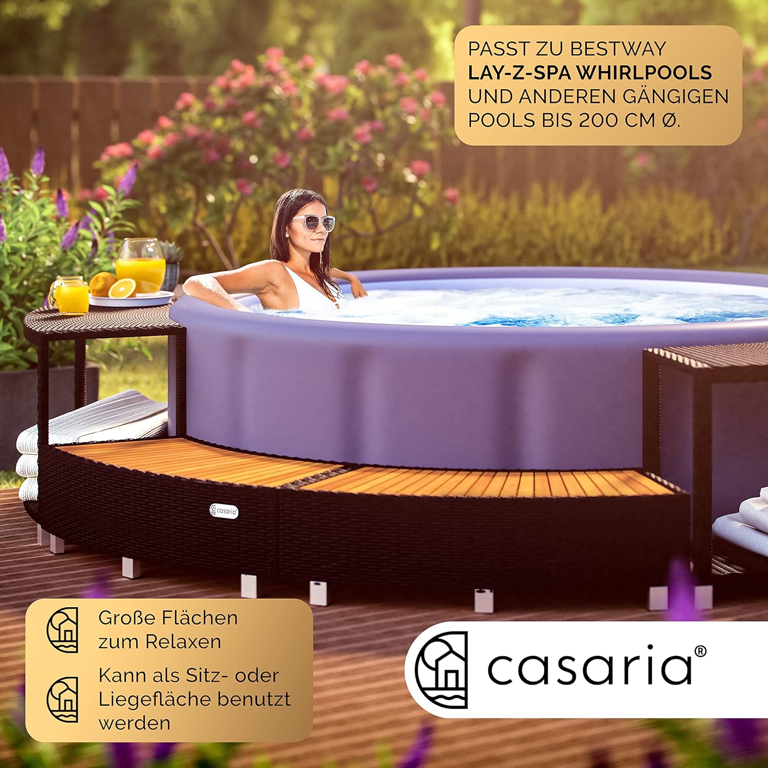 Casaria® Luxus Whirlpool Verkleidung Polyrattan Innen Ø 206 cm Einstieg aus FSC®-zertifiziertem Eukalyptus-Hartholz verzinkter Stahl Pool Umrandung — Ansicht 2