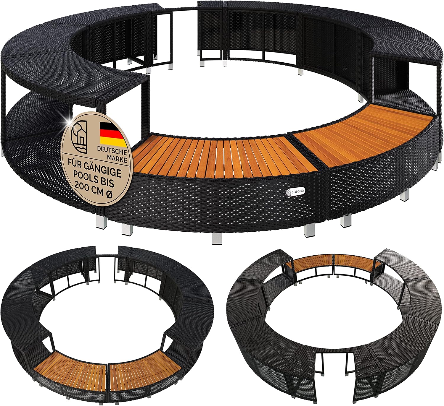 Casaria® Luxus Whirlpool Verkleidung Polyrattan Innen Ø 206 cm Einstieg aus FSC®-zertifiziertem Eukalyptus-Hartholz verzinkter Stahl Pool Umrandung
