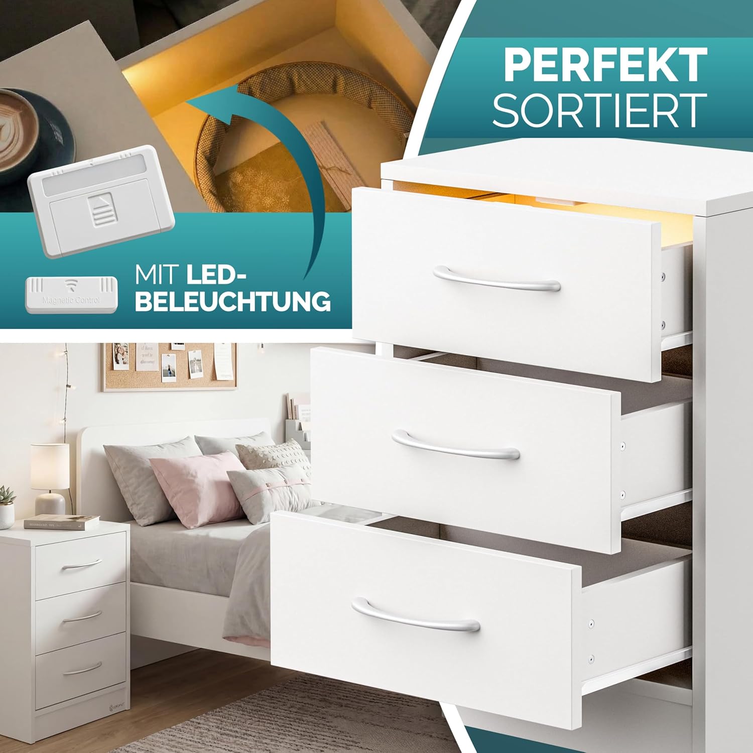Casaria® Nachttisch 2er Set 54x39x28cm LED Holz 3 Schubladen Boxspringbett Schlafzimmer Wohnzimmer Beistelltisch Nachtschrank Nachtkästchen Tisch Weiß — Ansicht 4