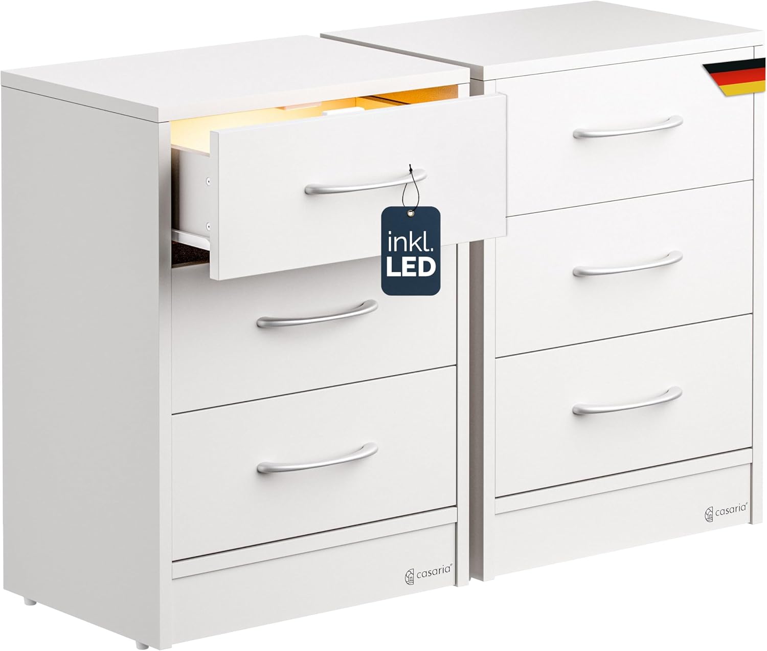 Casaria® Nachttisch 2er Set 54x39x28cm LED Holz 3 Schubladen Boxspringbett Schlafzimmer Wohnzimmer Beistelltisch Nachtschrank Nachtkästchen Tisch Weiß