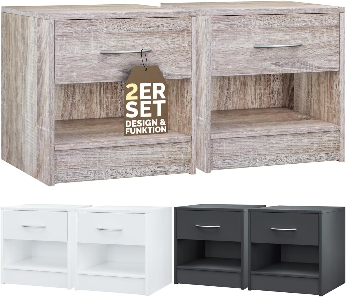Casaria® Nachttisch 2er Set mit Schublade & Ablagefach Holz Eiche 41x39x28 cm, Nachtschrank Schlafzimmer Bett Nachtkästchen, Moderne Kommode, einfache Montage
