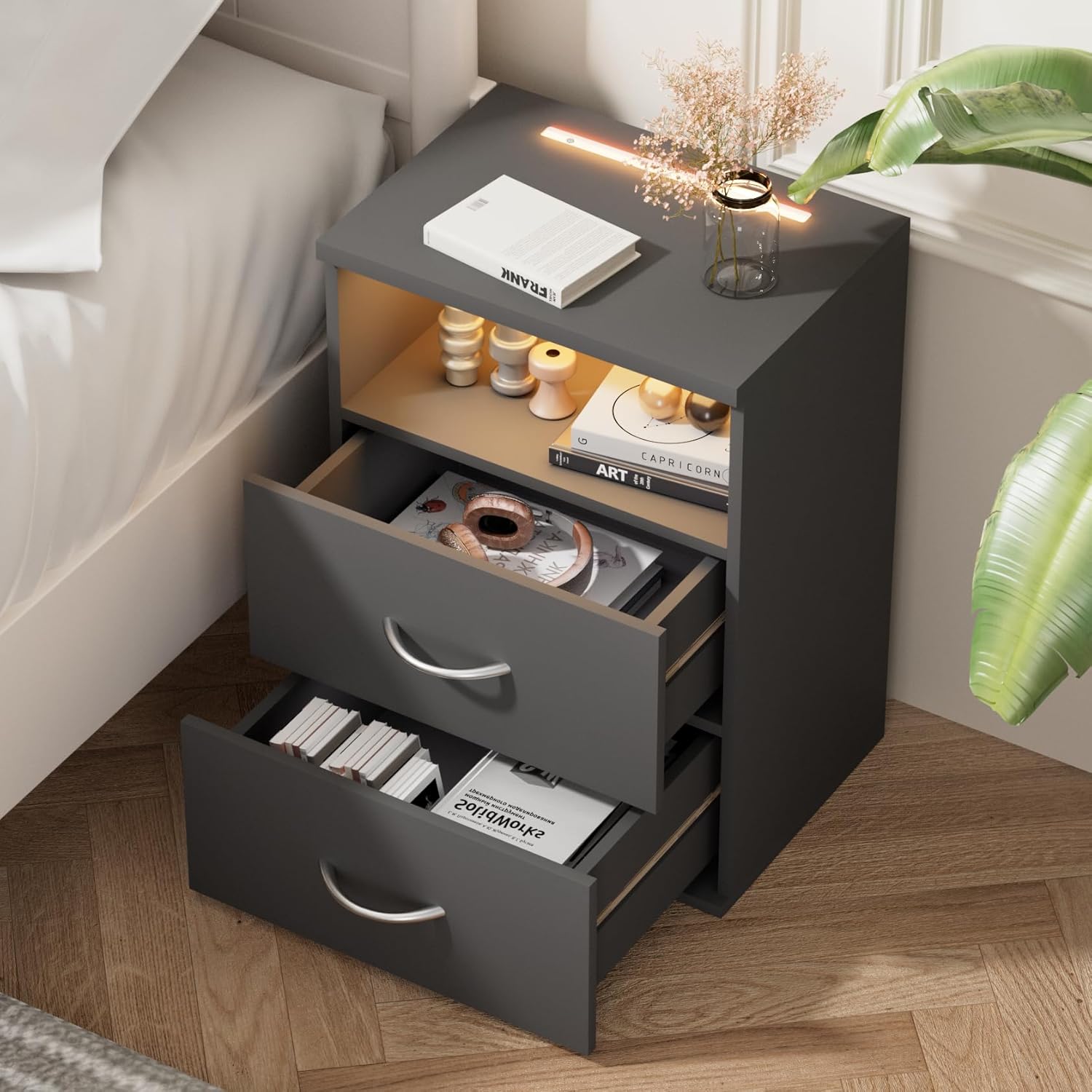 Casaria® Nachttisch Touch LED Beleuchtung 40x28x55cm Dimmbar Holz 2 Schubladen Boxspringbett Schlafzimmer Wohnzimmer Beistelltisch Nachtschrank Anthrazit — Ansicht 2