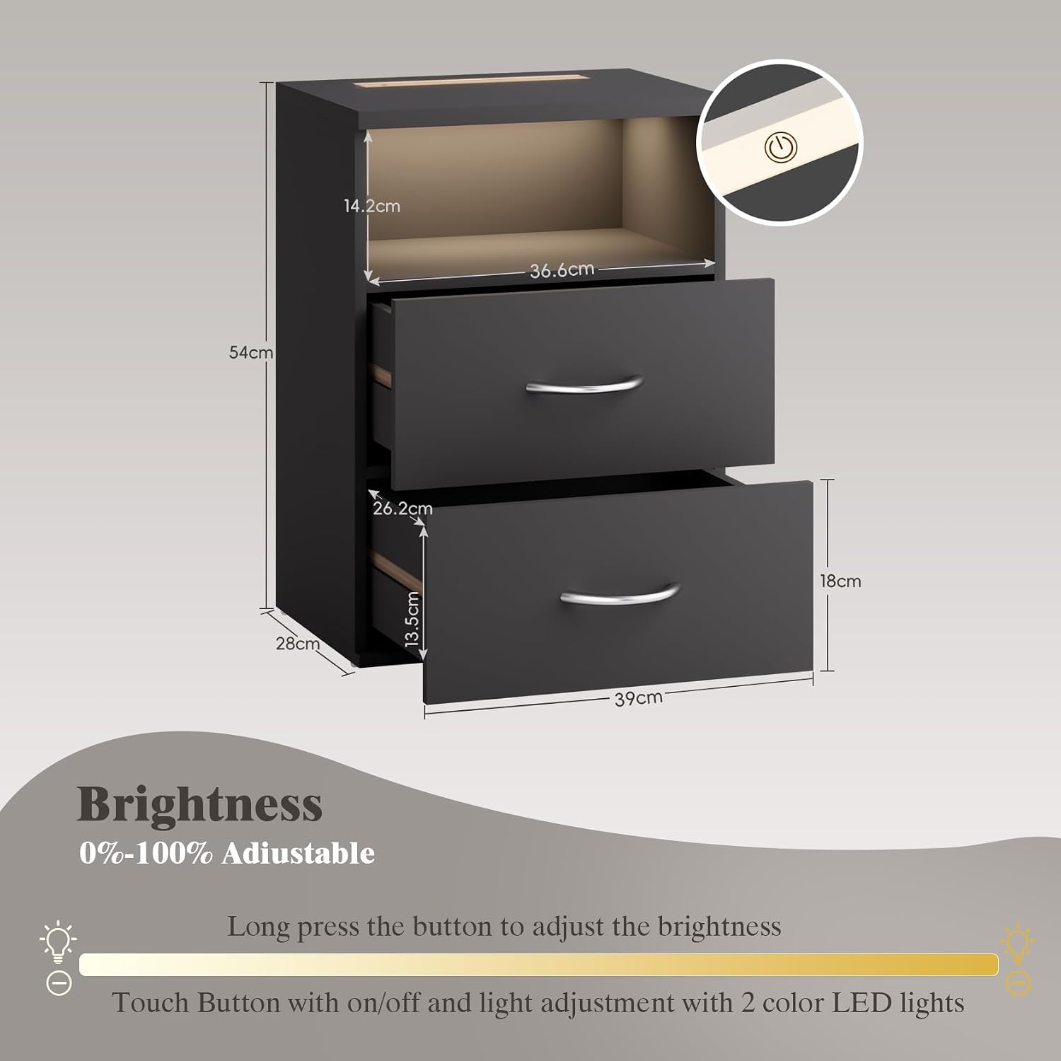 Casaria® Nachttisch Touch LED Beleuchtung 40x28x55cm Dimmbar Holz 2 Schubladen Boxspringbett Schlafzimmer Wohnzimmer Beistelltisch Nachtschrank Anthrazit — Ansicht 3