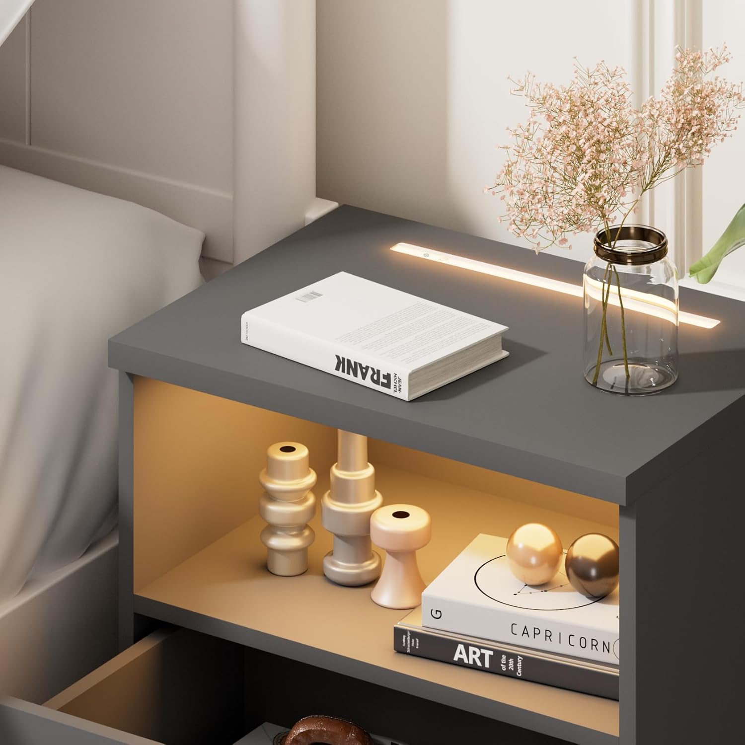Casaria® Nachttisch Touch LED Beleuchtung 40x28x55cm Dimmbar Holz 2 Schubladen Boxspringbett Schlafzimmer Wohnzimmer Beistelltisch Nachtschrank Anthrazit — Ansicht 4