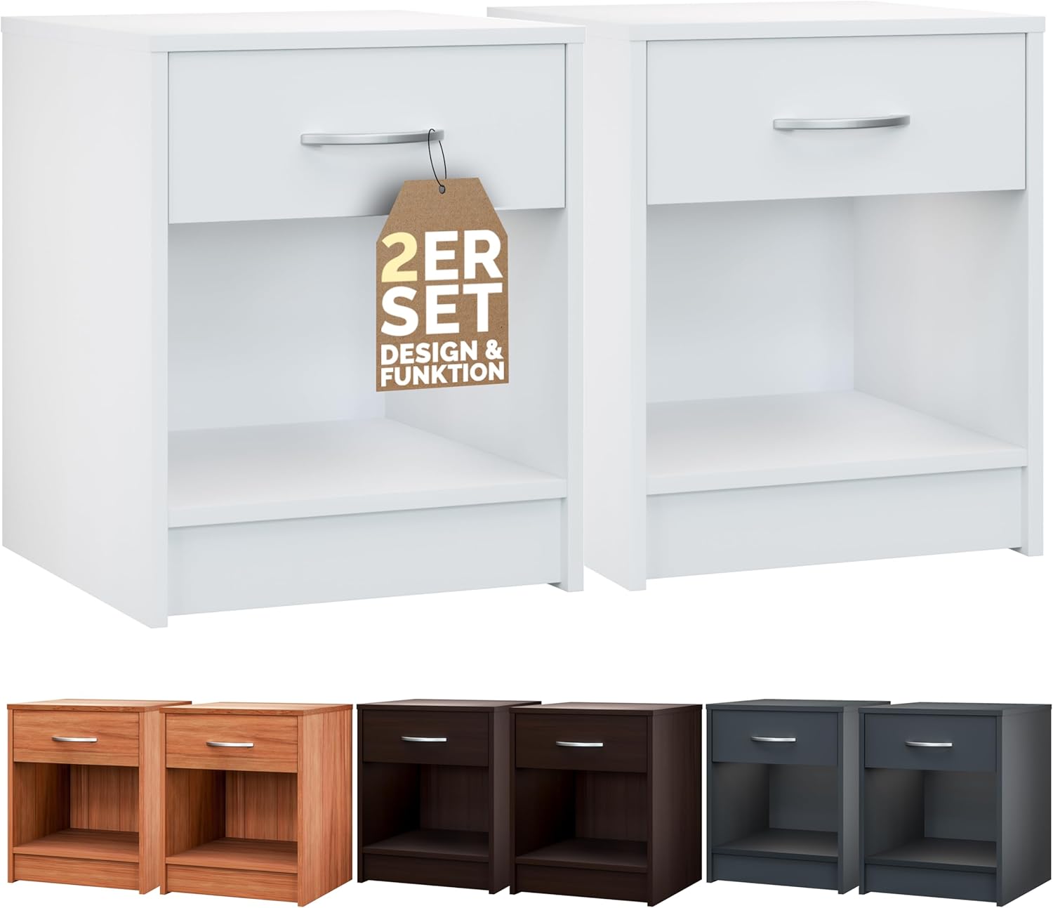 Casaria® Nachttisch Weiß 2er Set mit Schublade 50 cm Komforthöhe Boxspringbett Ablage Schlafzimmer Schrank Nachtkästchen Nachtkommode Holz 50x40x35 cm
