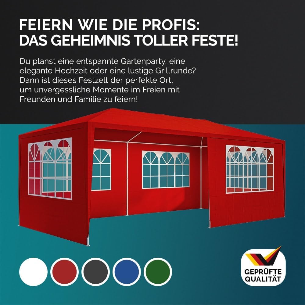 CASARIA® Pavillon 3x6m UV-Schutz 18m2 Dachösen Wasserabweisend 6 Seitenteile Stabil Festival Festzelt Partyzelt Fenster Gartenzelt Fest Rot — Ansicht 3