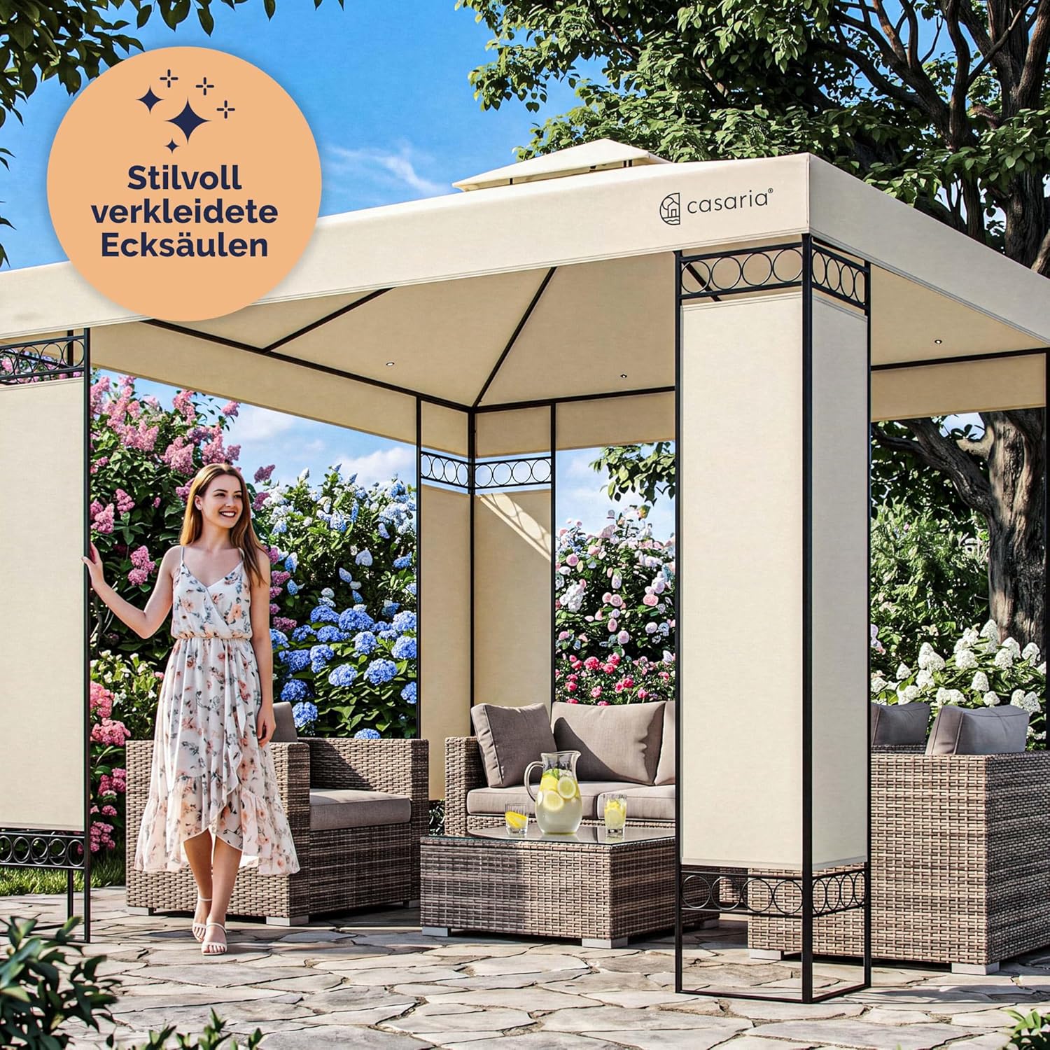 CASARIA® Pavillon Lorca 3x3m Metall Wasserabweisend UV-Schutz 50+ mit Seitenteile Stabil Gartenpavillon Luxus Modern Creme — Ansicht 6