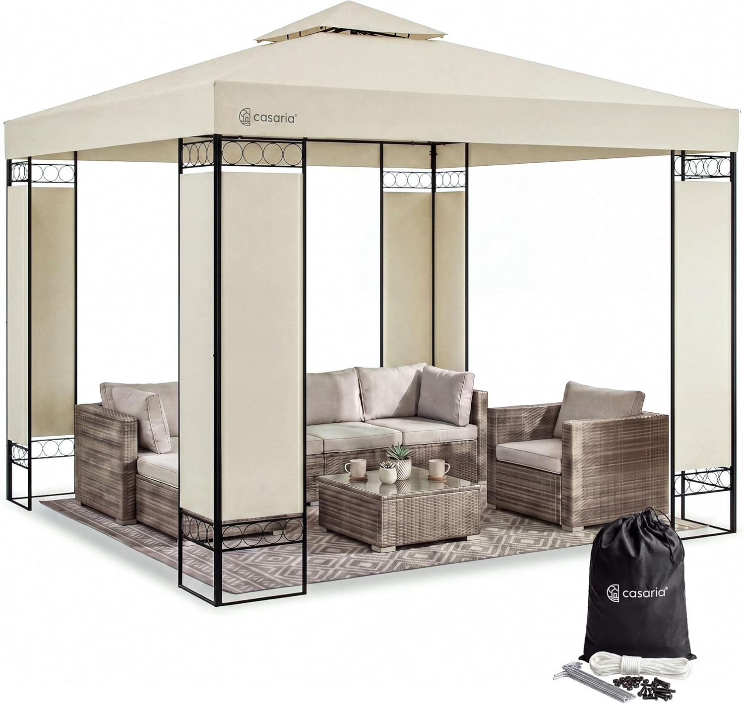 CASARIA® Pavillon Lorca 3x3m Metall Wasserabweisend UV-Schutz 50+ mit Seitenteile Stabil Gartenpavillon Luxus Modern Creme