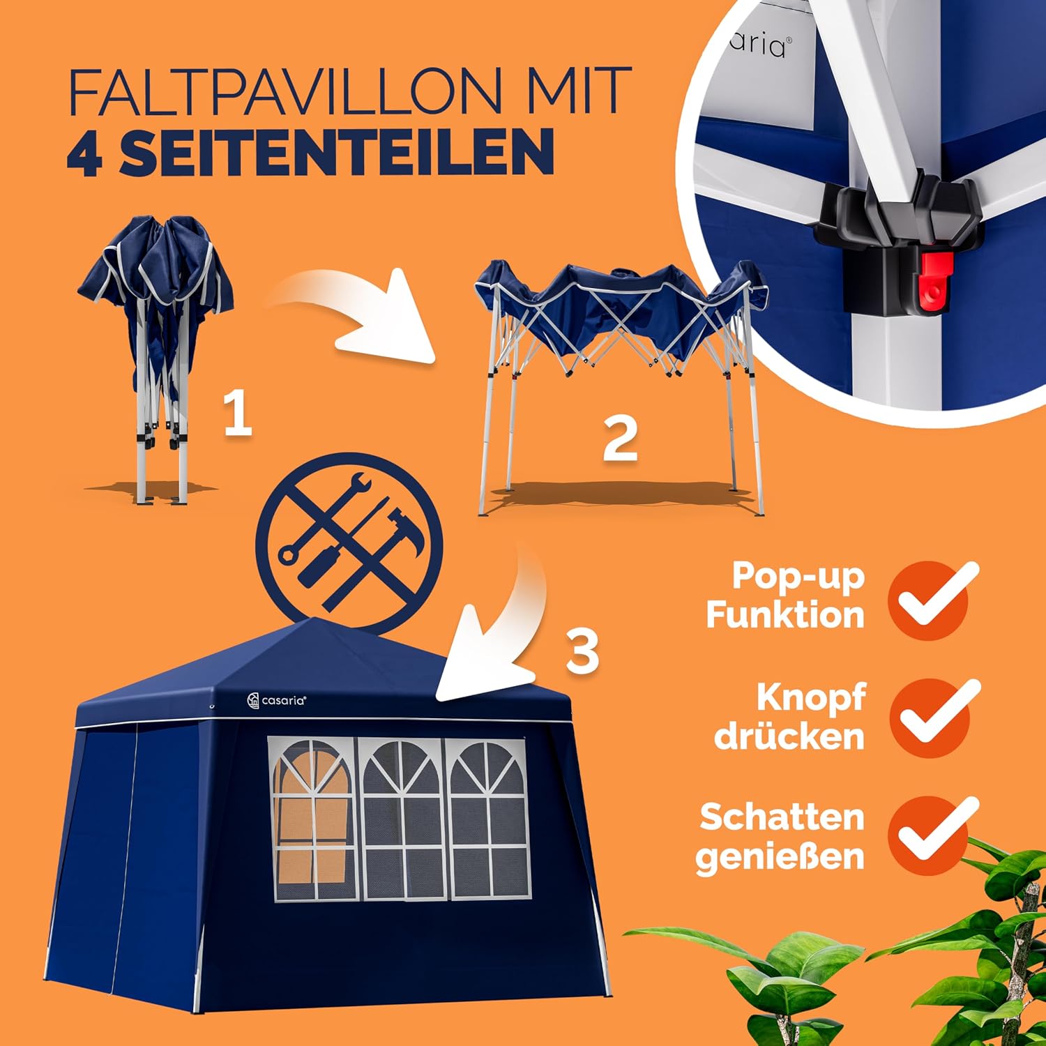CASARIA® Pavillon Pop-Up 3x3m inkl. 4X Seitenteile Farbauswahl UV-Schutz 50+ inkl. Tasche wasserdicht faltbar Faltpavillon Zelt Festival Capri Blau — Ansicht 2