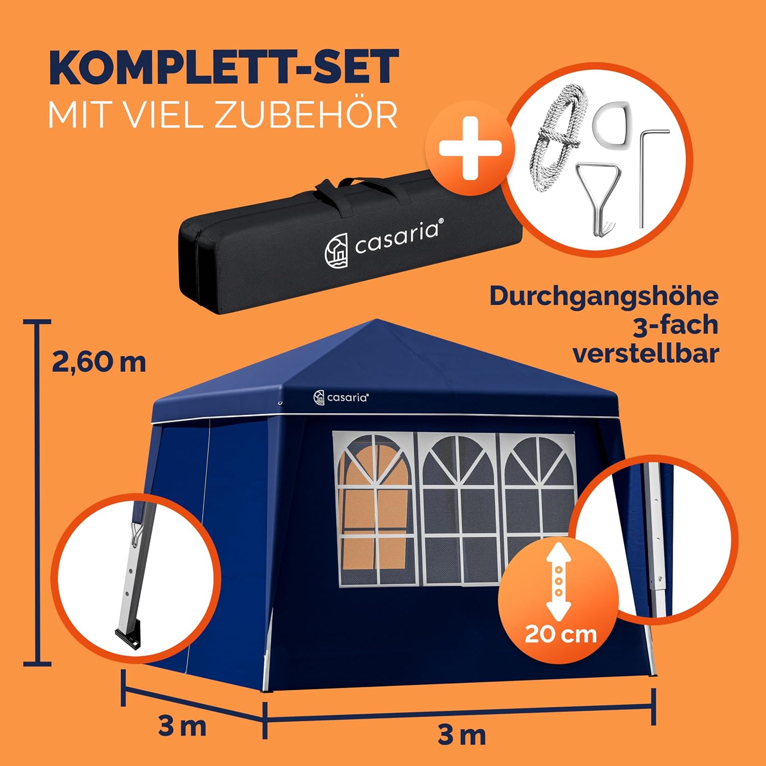CASARIA® Pavillon Pop-Up 3x3m inkl. 4X Seitenteile Farbauswahl UV-Schutz 50+ inkl. Tasche wasserdicht faltbar Faltpavillon Zelt Festival Capri Blau — Ansicht 6