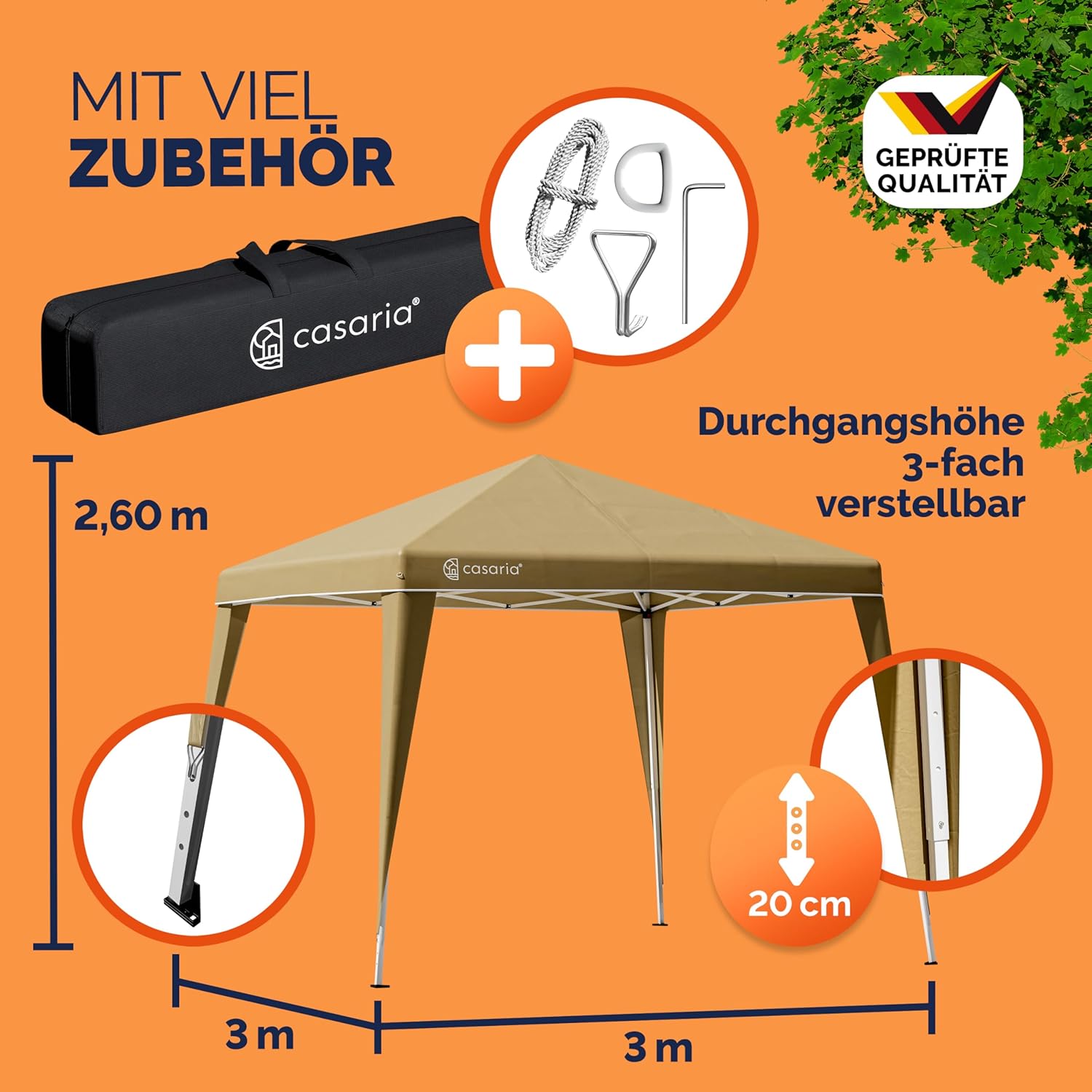 CASARIA® Pavillon Pop-Up 3x3m UV-Schutz 50+ Wasserdicht Winterfest mit Tasche Faltbar Stabil Camping Garten Faltpavillon Partyzelt Creme — Ansicht 6