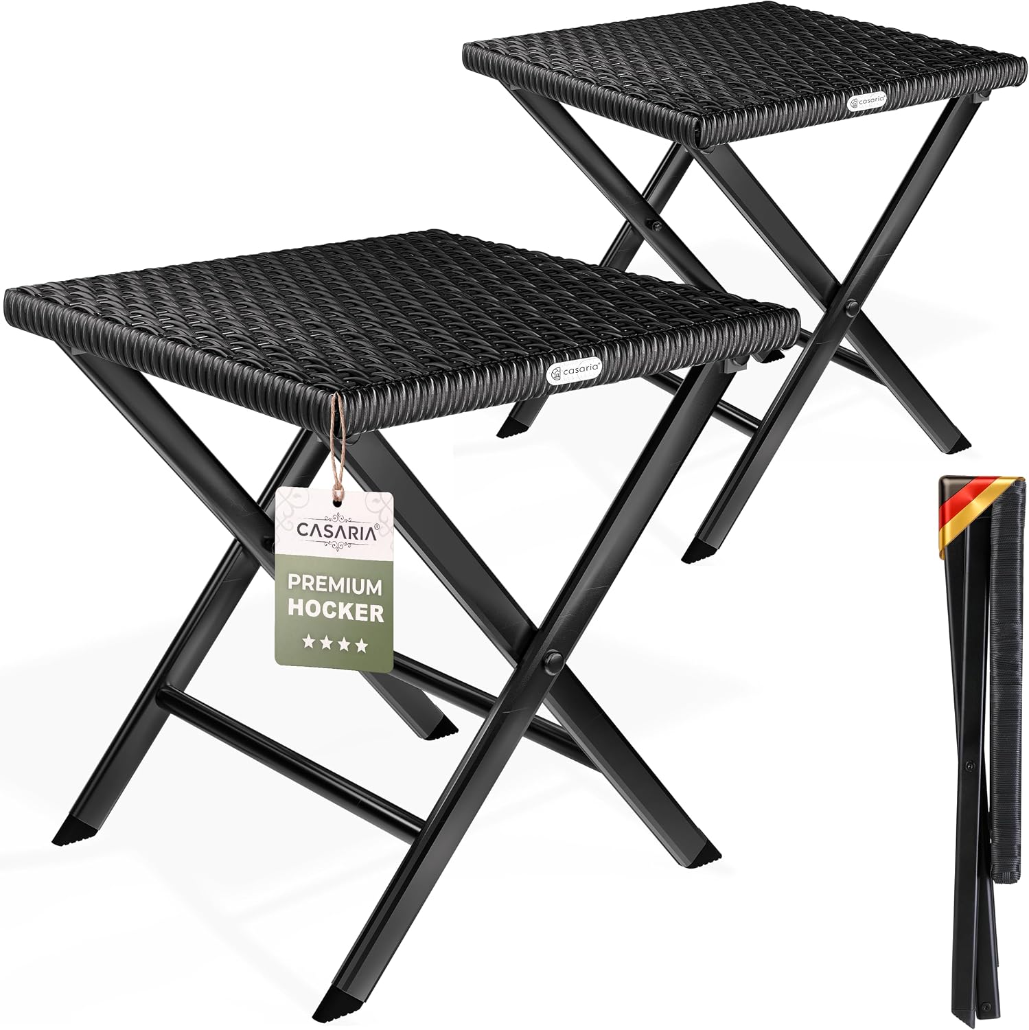 Casaria® Polyrattan 2er Set Klapphocker 75kg Belastbarkeit 44x40x44cm Klappbar Leicht Tragbar Wetterfest Garten Terrasse Balkon Camping Hocker Schwarz