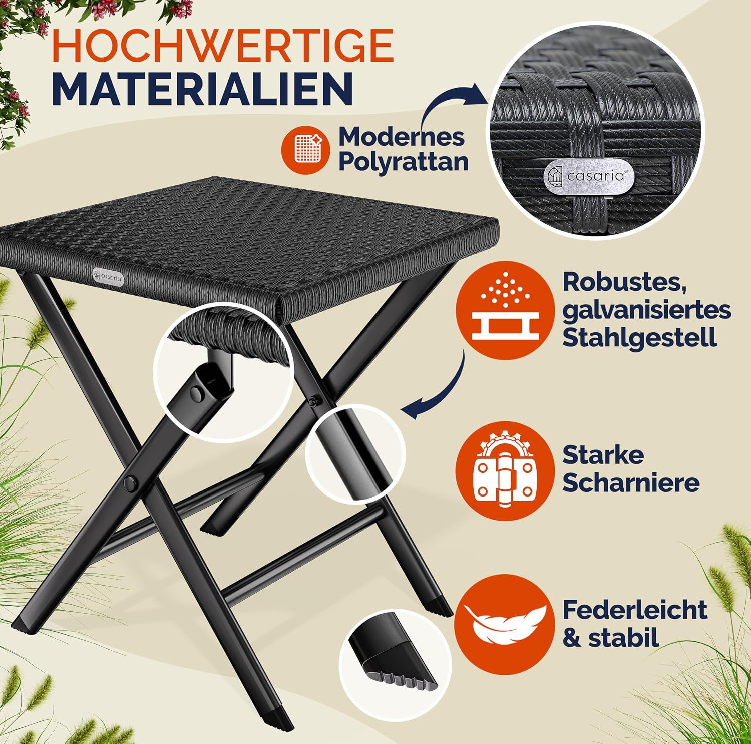 Casaria® Polyrattan 2er Set Klapphocker 75kg Belastbarkeit 44x40x44cm Klappbar Leicht Tragbar Wetterfest Garten Terrasse Balkon Camping Hocker Schwarz — Ansicht 5