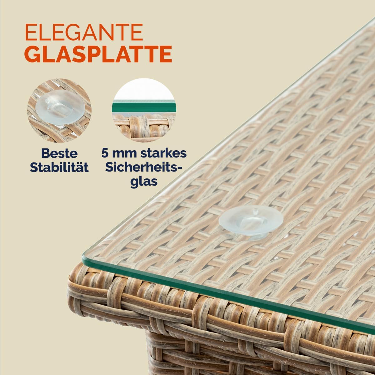 Casaria® Polyrattan Beistelltisch 50x50x45cm Höhenverstellbare 5mm Sicherheitsglas Wetterfest 80kg Belastbar Gartentisch Balkontisch Teetisch Outdoor Creme — Ansicht 6