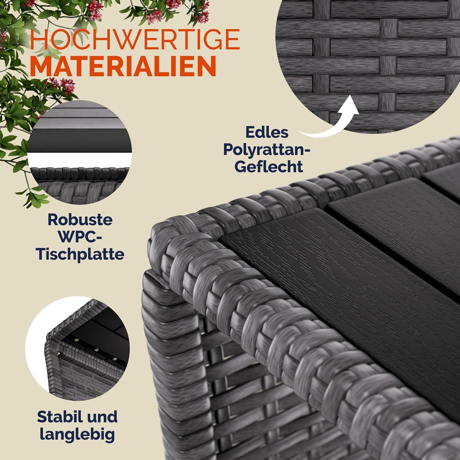 Casaria® Polyrattan Beistelltisch mit WPC Tischplatte 45x45x40 cm 80 kg Belastbarkeit Wetterfest Outdoor Garten Terrasse Balkon Tisch Gartenmöbel Grau — Ansicht 6