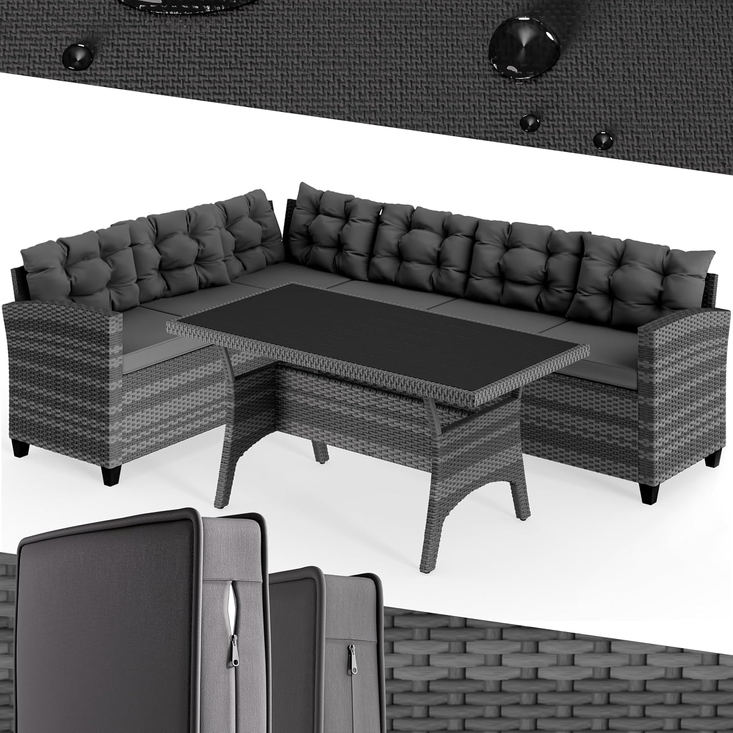 Casaria® Polyrattan Ecklounge Set WPC Esstisch Ecksofa inkl. 7 cm Sitzauflagen 15 cm Kissen Wetterfest Outdoor Lounge Garten Terrasse Balkon Möbel Grau