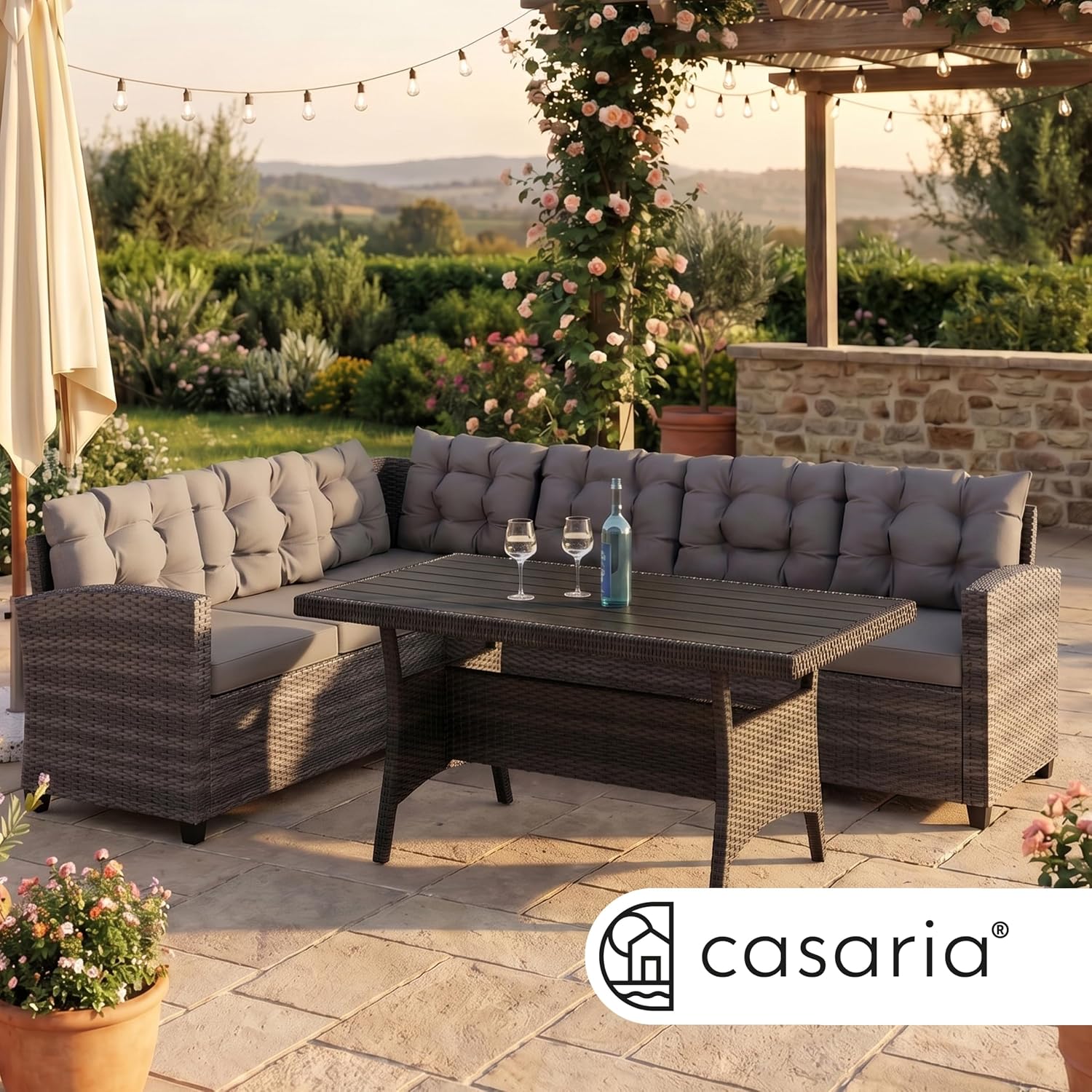 Casaria® Polyrattan Ecklounge Set WPC Esstisch Ecksofa inkl. 7 cm Sitzauflagen 15 cm Kissen Wetterfest Outdoor Lounge Garten Terrasse Balkon Möbel Grau — Ansicht 2
