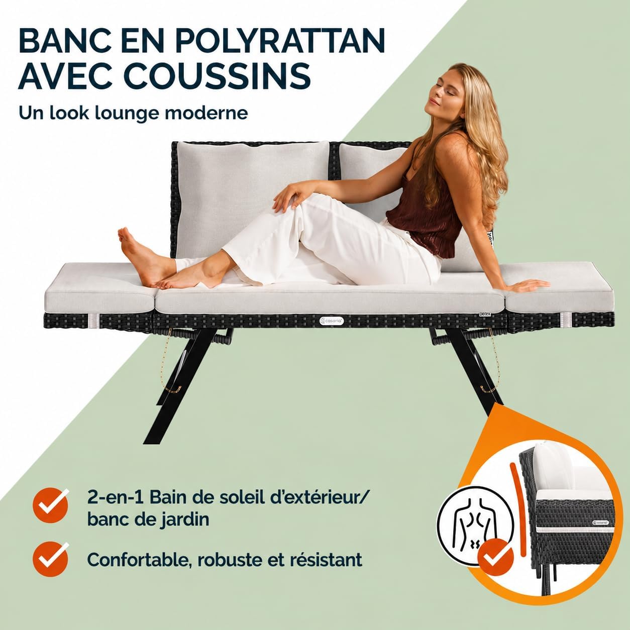 Casaria® Polyrattan Gartenbank mit Liegefunktion Auflage Kissen Verstellbare Armlehnen Wetterfest Draußen Garten Terrasse Balkon Bank Couch Liege Schwarz — Ansicht 4