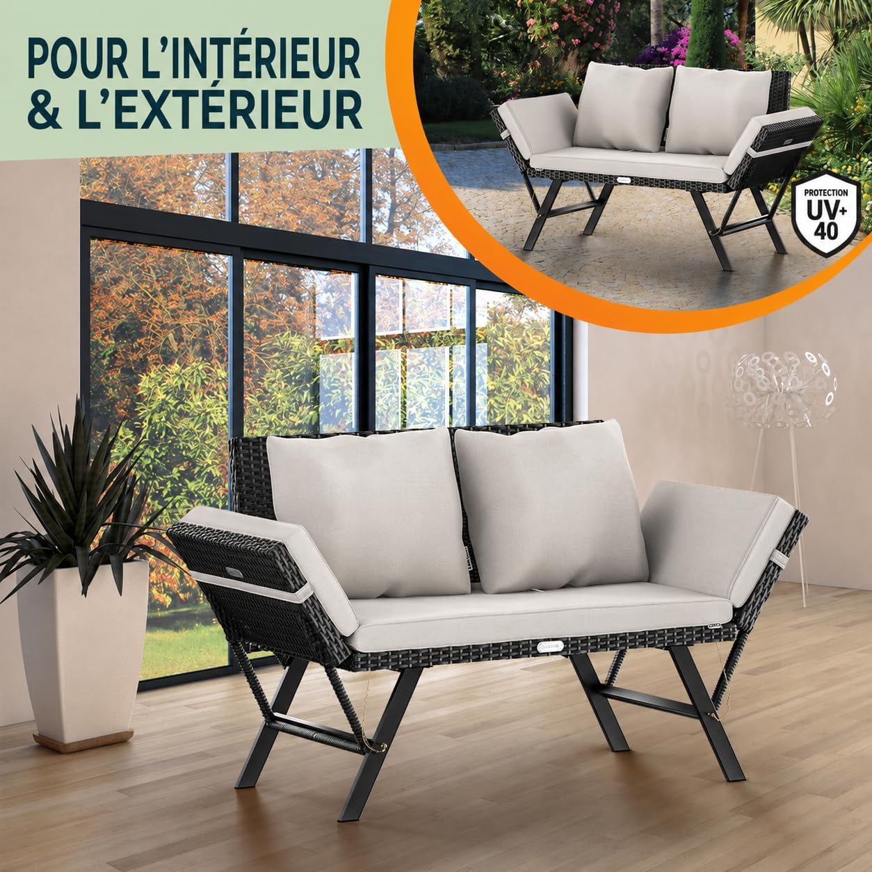 Casaria® Polyrattan Gartenbank mit Liegefunktion Auflage Kissen Verstellbare Armlehnen Wetterfest Draußen Garten Terrasse Balkon Bank Couch Liege Schwarz — Ansicht 6