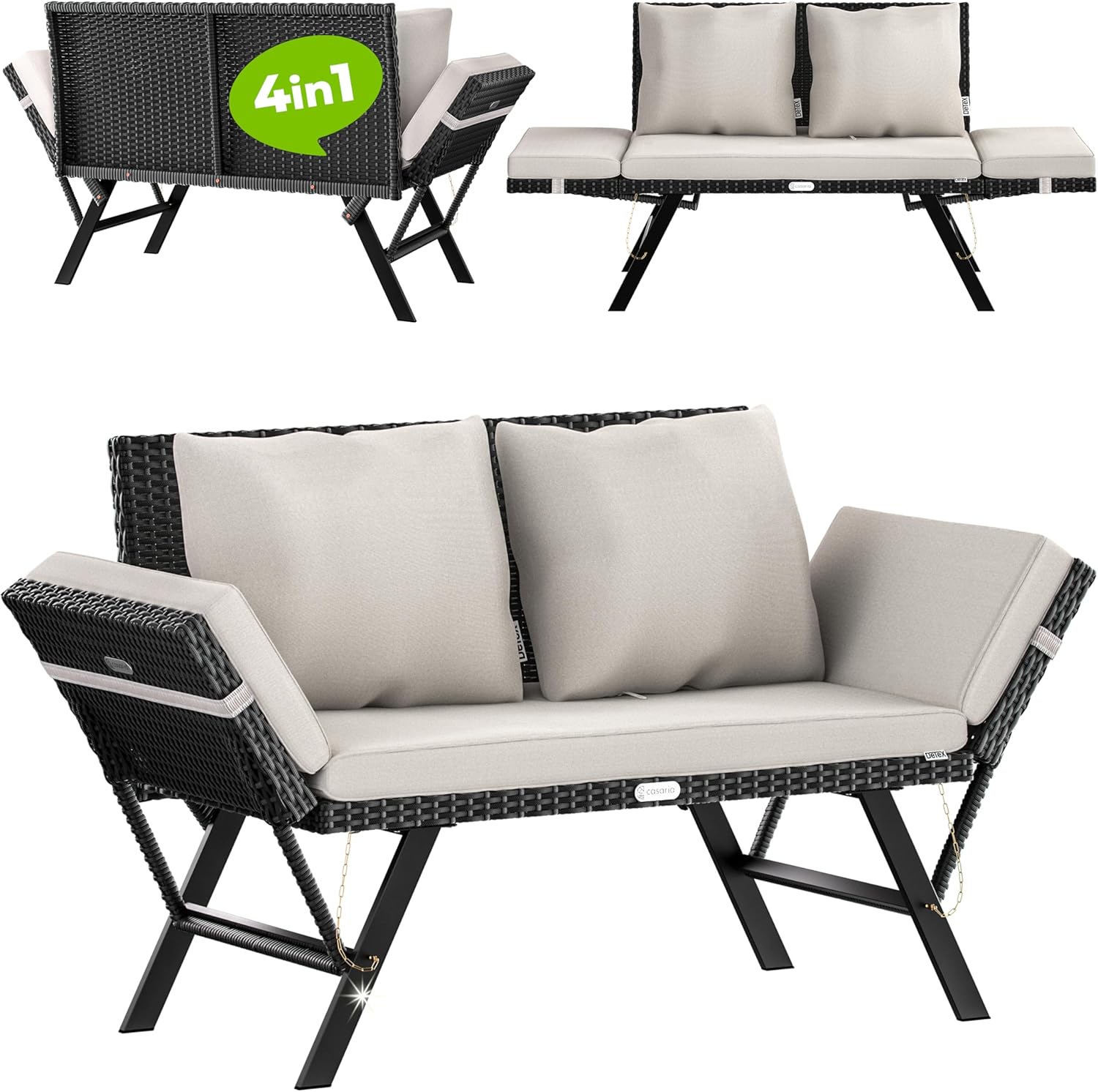 Casaria® Polyrattan Gartenbank mit Liegefunktion Auflage Kissen Verstellbare Armlehnen Wetterfest Draußen Garten Terrasse Balkon Bank Couch Liege Schwarz