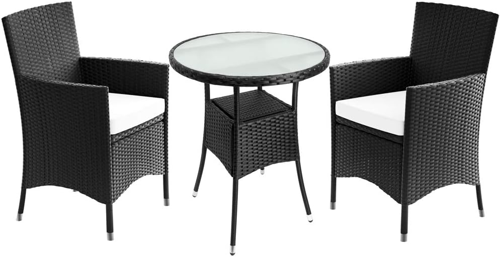 Casaria® Polyrattan Gartenmöbel mit Tisch 2 Stühle inkl. 7cm Auflagen 5mm Sicherheitsglas Wetterfest Modern Outdoor Terrasse Balkon Sitzgruppe Möbel Set