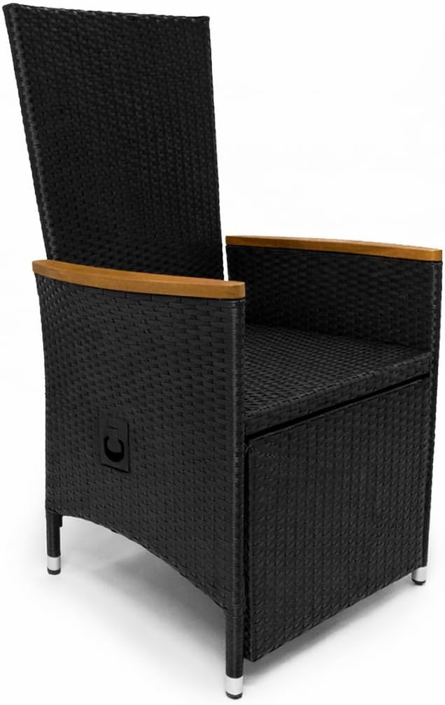 Casaria® Polyrattan Gartenstuhl 2er Set Neiglehner Fuß- & Rückenlehne verstellbar Armlehne Akazienholz Wetterfest Garten Balkon Terrasse Schwarz