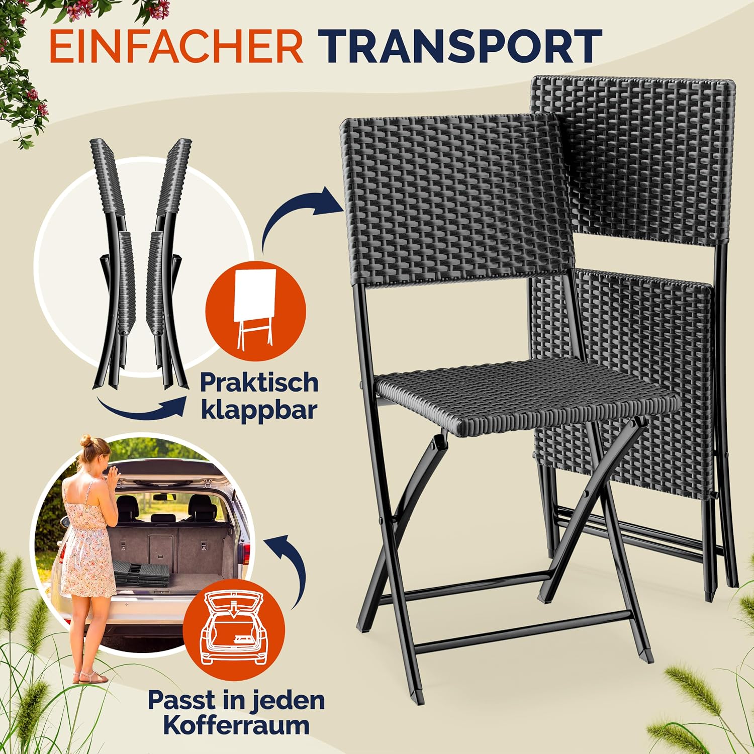 Casaria® Polyrattan Klappstuhl 2er Set Anthrazit leicht faltbar bis 120kg belastbar tragbar wetterfest Stuhl Sessel Balkon Terrasse Garten Camping Stuhl Sessel — Ansicht 4