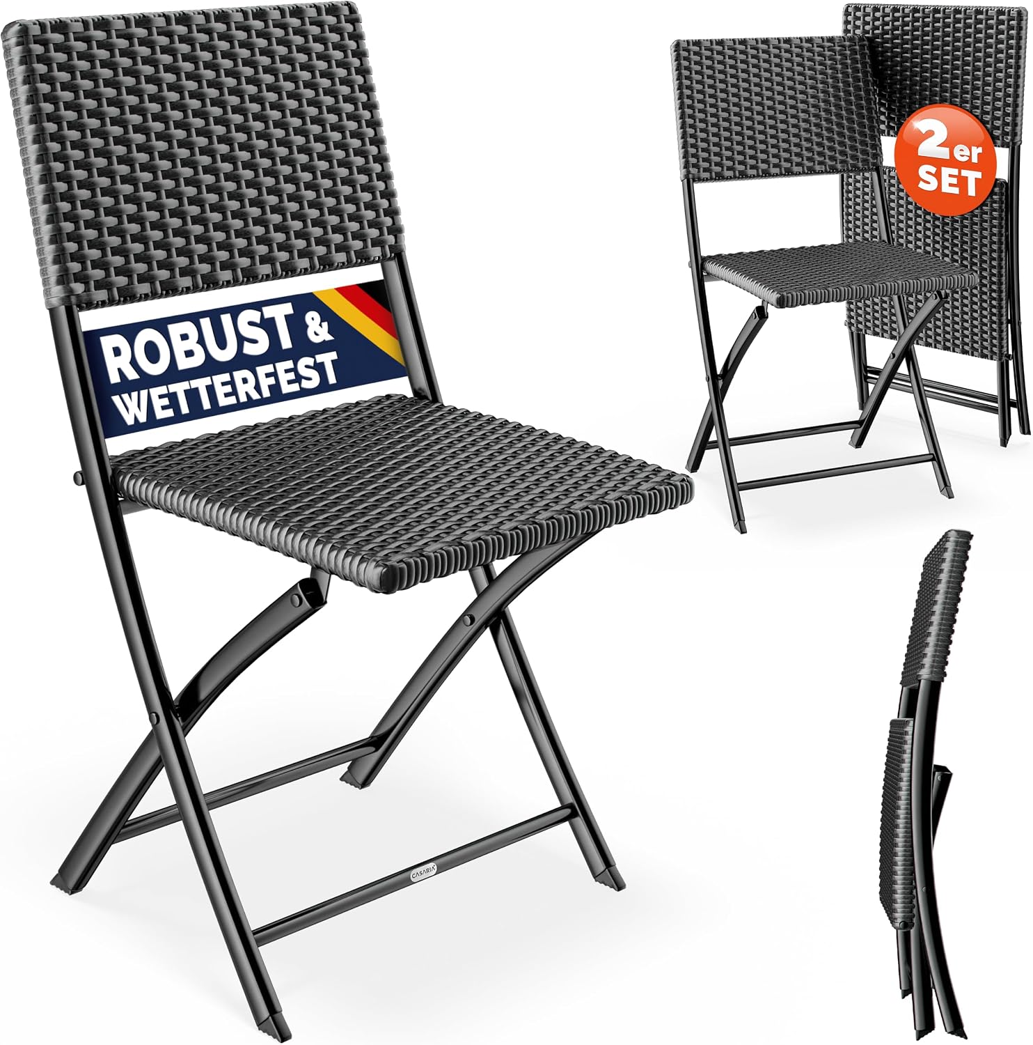 Casaria® Polyrattan Klappstuhl 2er Set Anthrazit leicht faltbar bis 120kg belastbar tragbar wetterfest Stuhl Sessel Balkon Terrasse Garten Camping Stuhl Sessel