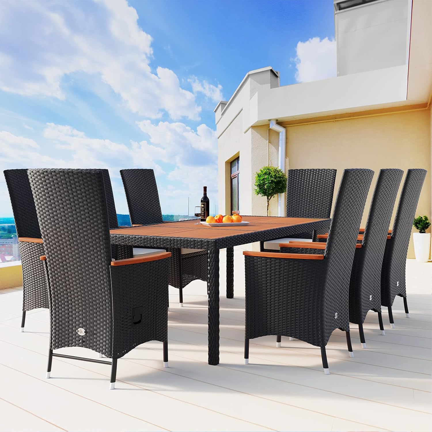 Casaria® Polyrattan Sitzgruppe Akazie 8 Stühle inkl. 7cm Auflagen Verstellbare Rückenlehne 190x90cm Gartentisch Wetterfest Sitzgarnitur Gartenmöbel Set — Ansicht 2