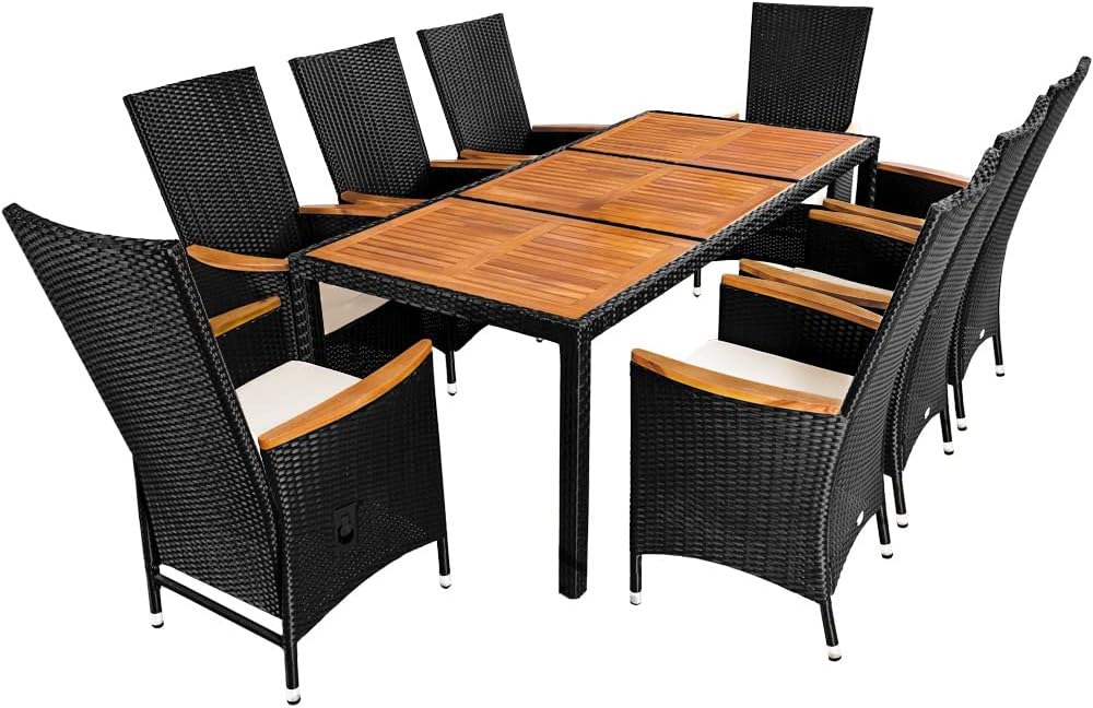 Casaria® Polyrattan Sitzgruppe Akazie 8 Stühle inkl. 7cm Auflagen Verstellbare Rückenlehne 190x90cm Gartentisch Wetterfest Sitzgarnitur Gartenmöbel Set