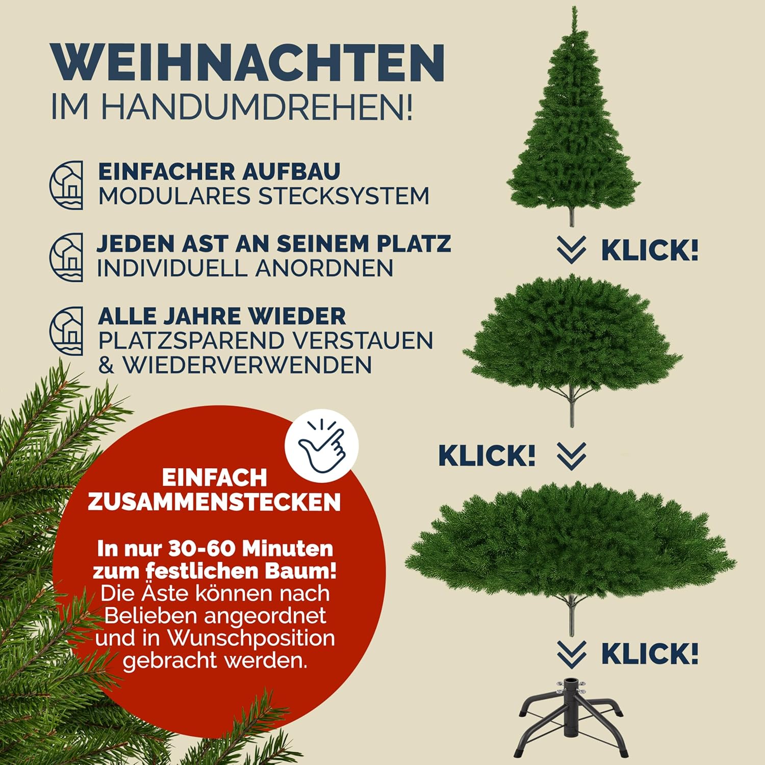 CASARIA® Premium Weihnachtsbaum künstlich M 140 cm mit Lichterkette naturgetreu viele Spitzen Stabiler Metallständer einfacher Aufbau Tannenbaum — Ansicht 2