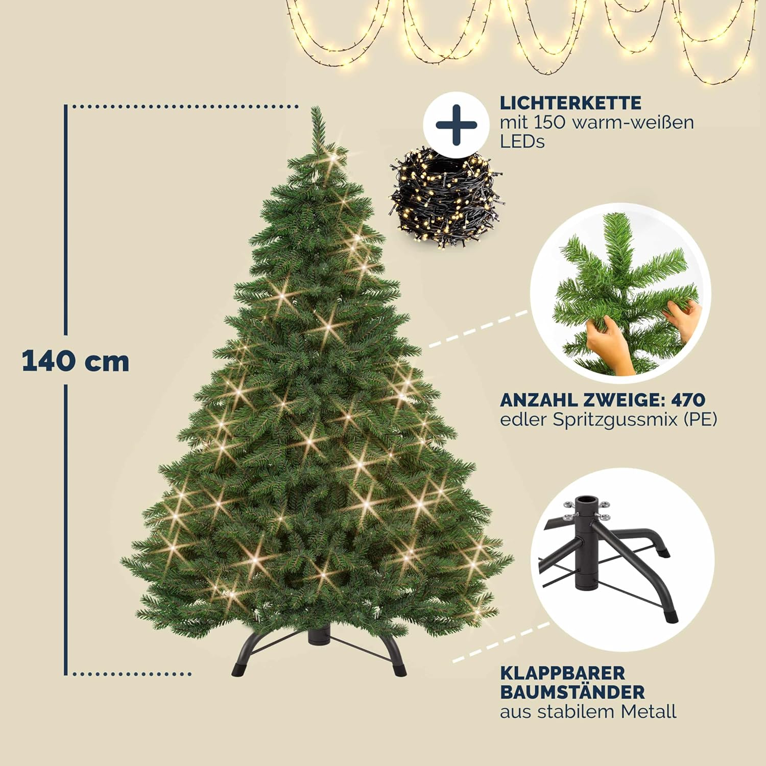 CASARIA® Premium Weihnachtsbaum künstlich M 140 cm mit Lichterkette naturgetreu viele Spitzen Stabiler Metallständer einfacher Aufbau Tannenbaum — Ansicht 6