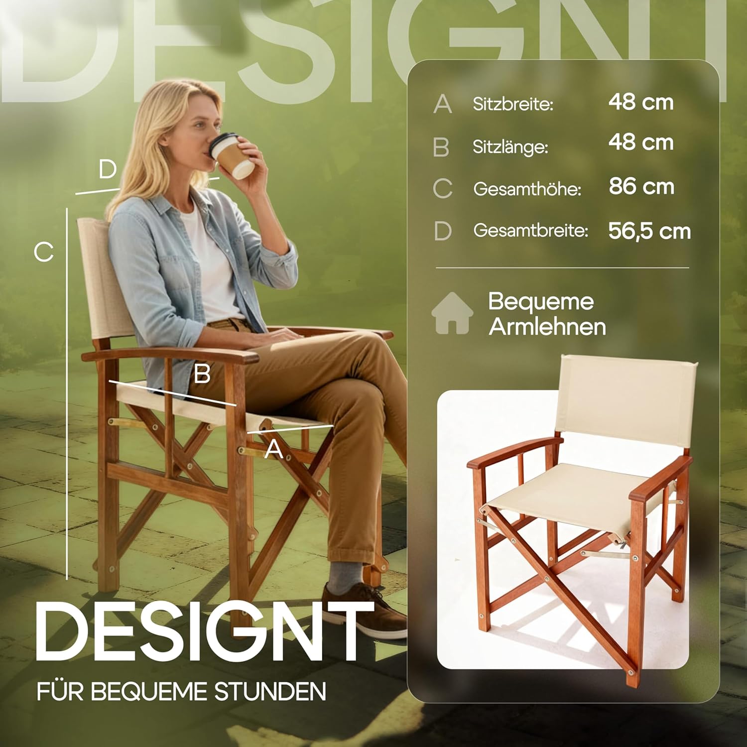 Casaria® Regiestuhl 2er Set aus FSC® Eukalyptusholz - Klappbarer Gartenstuhl mit Armlehnen, waschbarem Bezug & 46 cm Sitzhöhe, bis 160 kg belastbar - Holzstuhl für Balkon, Terrasse & Camping — Ansicht 2
