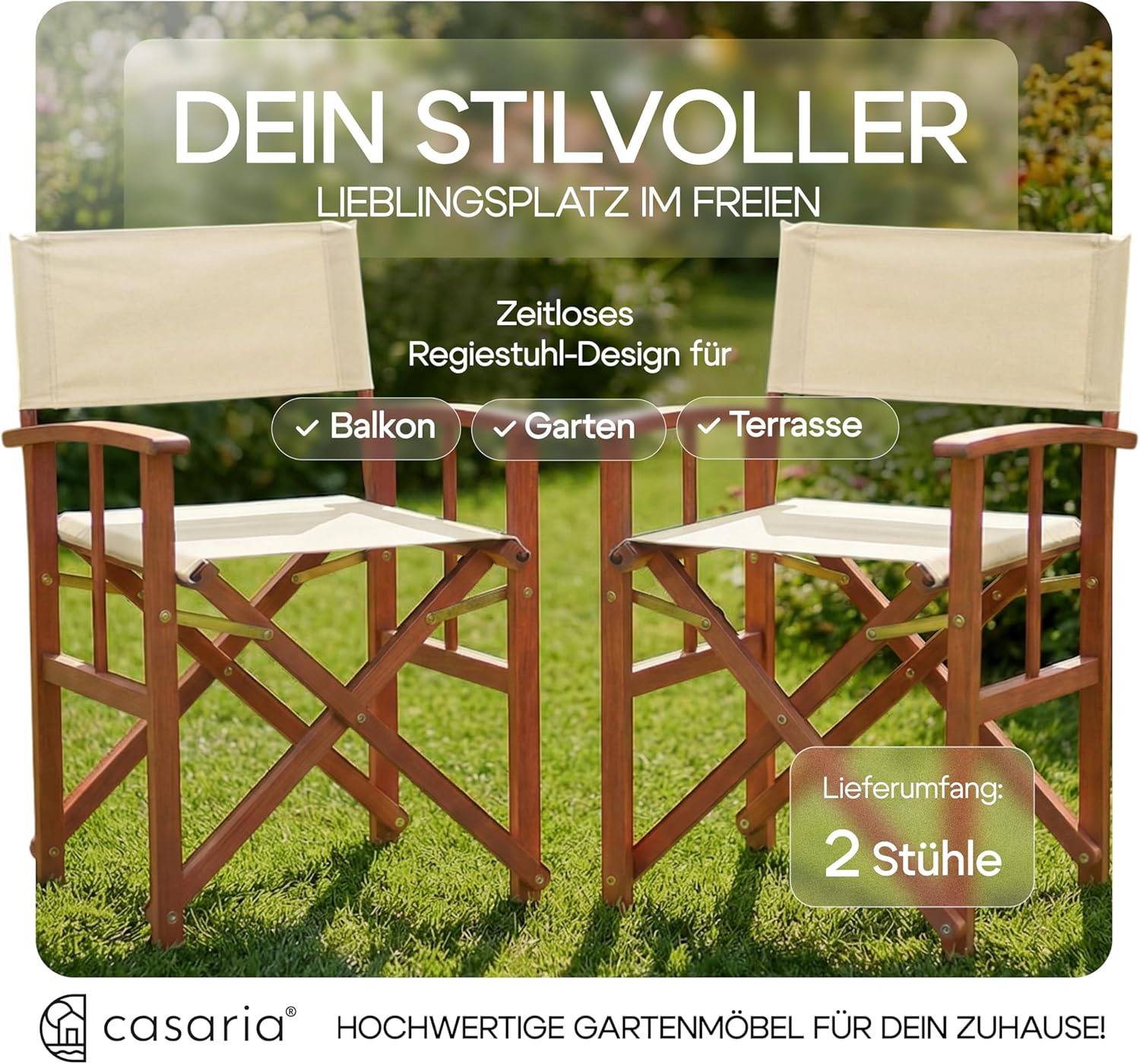 Casaria® Regiestuhl 2er Set aus FSC® Eukalyptusholz - Klappbarer Gartenstuhl mit Armlehnen, waschbarem Bezug & 46 cm Sitzhöhe, bis 160 kg belastbar - Holzstuhl für Balkon, Terrasse & Camping — Ansicht 3