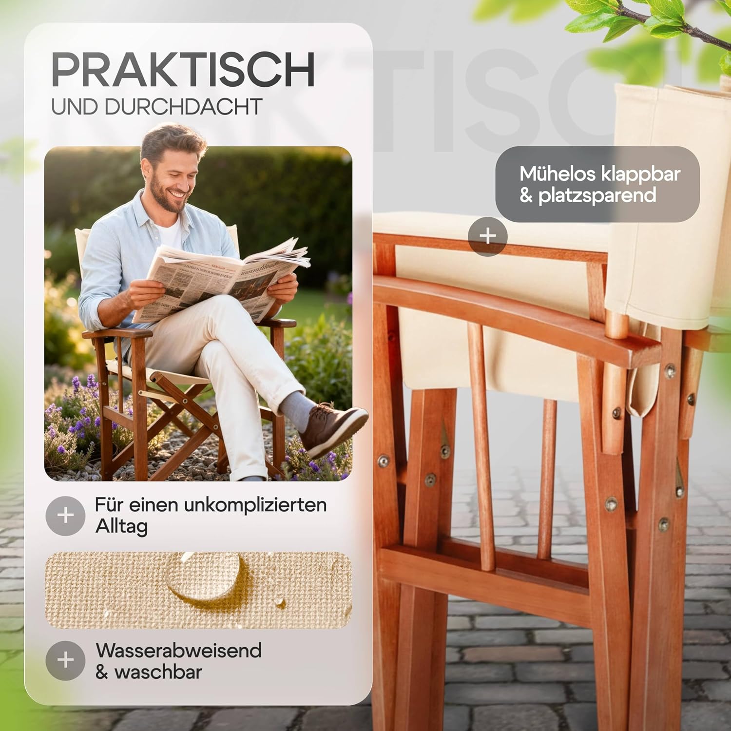 Casaria® Regiestuhl 2er Set aus FSC® Eukalyptusholz - Klappbarer Gartenstuhl mit Armlehnen, waschbarem Bezug & 46 cm Sitzhöhe, bis 160 kg belastbar - Holzstuhl für Balkon, Terrasse & Camping — Ansicht 5
