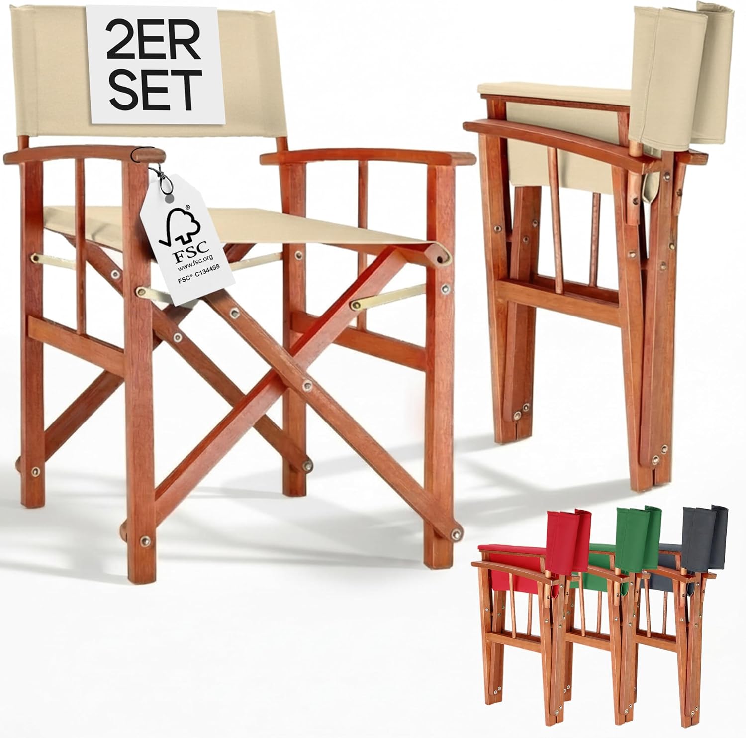 Casaria® Regiestuhl 2er Set aus FSC® Eukalyptusholz - Klappbarer Gartenstuhl mit Armlehnen, waschbarem Bezug & 46 cm Sitzhöhe, bis 160 kg belastbar - Holzstuhl für Balkon, Terrasse & Camping