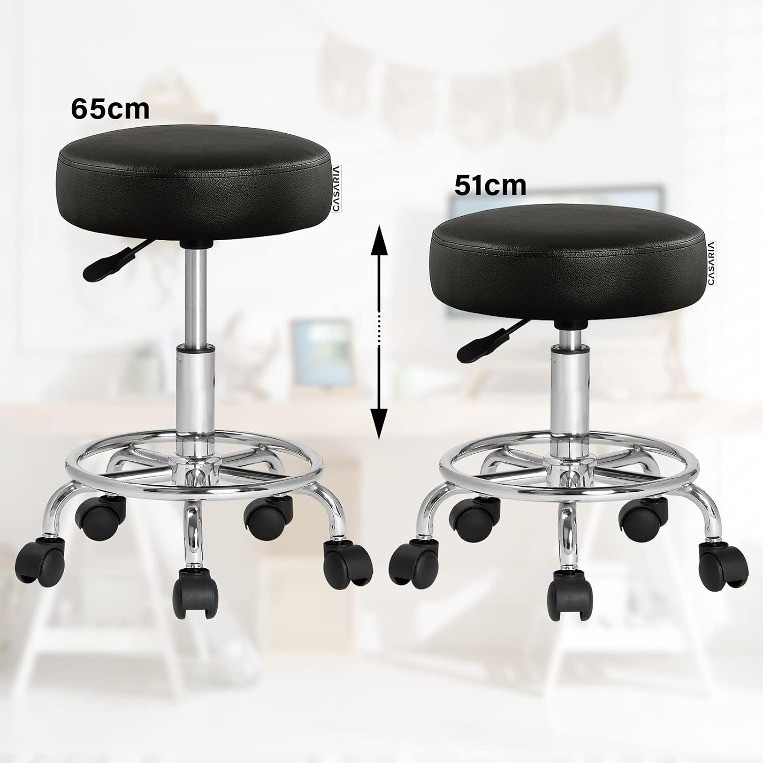 Casaria® Rollhocker 2er Set Höhenverstellbar Schwarz 10cm Polsterung 51-65cm Sitzhöhe 360° Drehbar Ø35cm Rund Büro Hocker Drehhocker Arbeitshocker — Ansicht 4