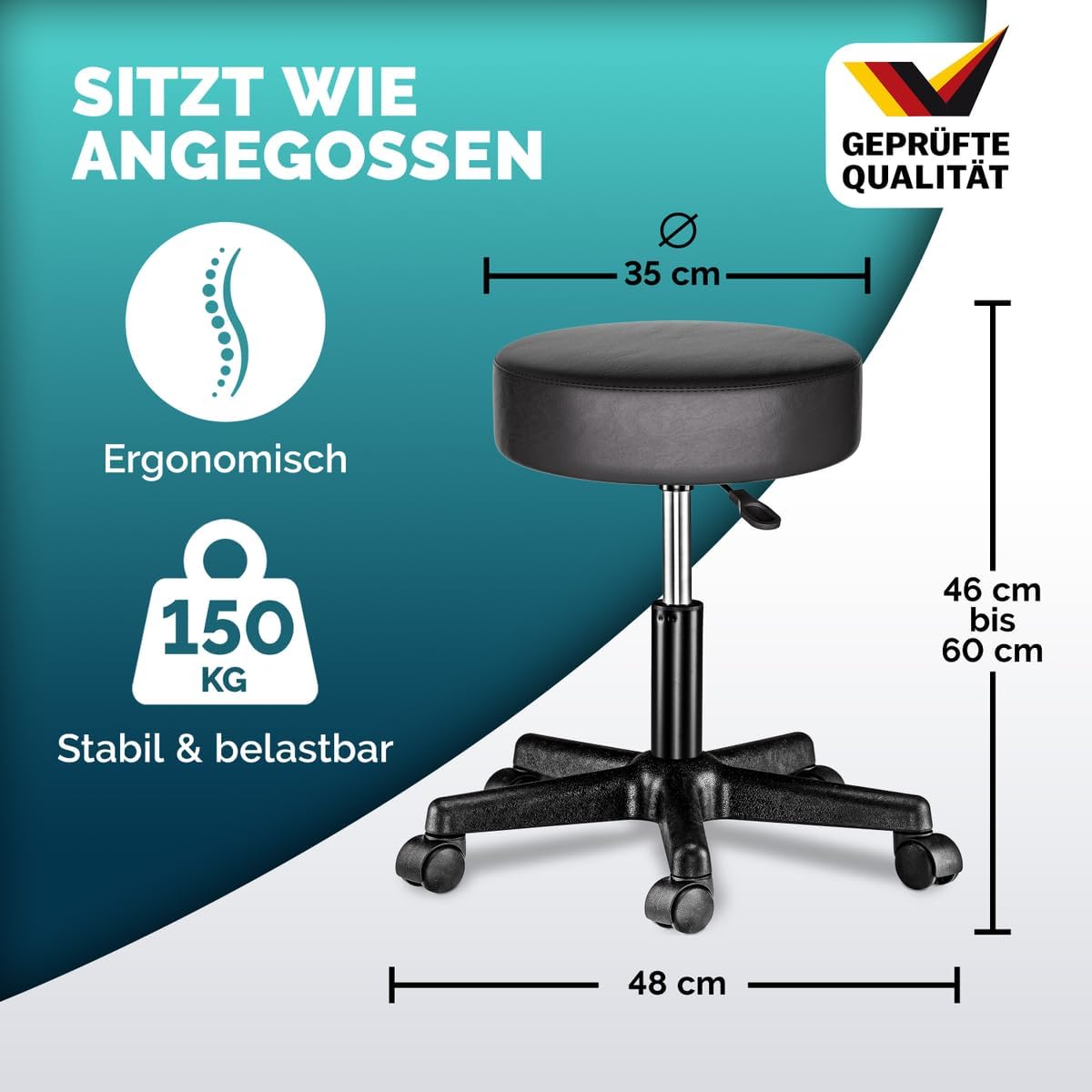 Casaria® Rollhocker Höhenverstellbar Schwarz 10cm Polsterung 46-60cm Sitzhöhe 360° Drehbar Ø35cm Rund Rollen Bürohocker Drehhocker Arbeitshocker Hocker — Ansicht 2
