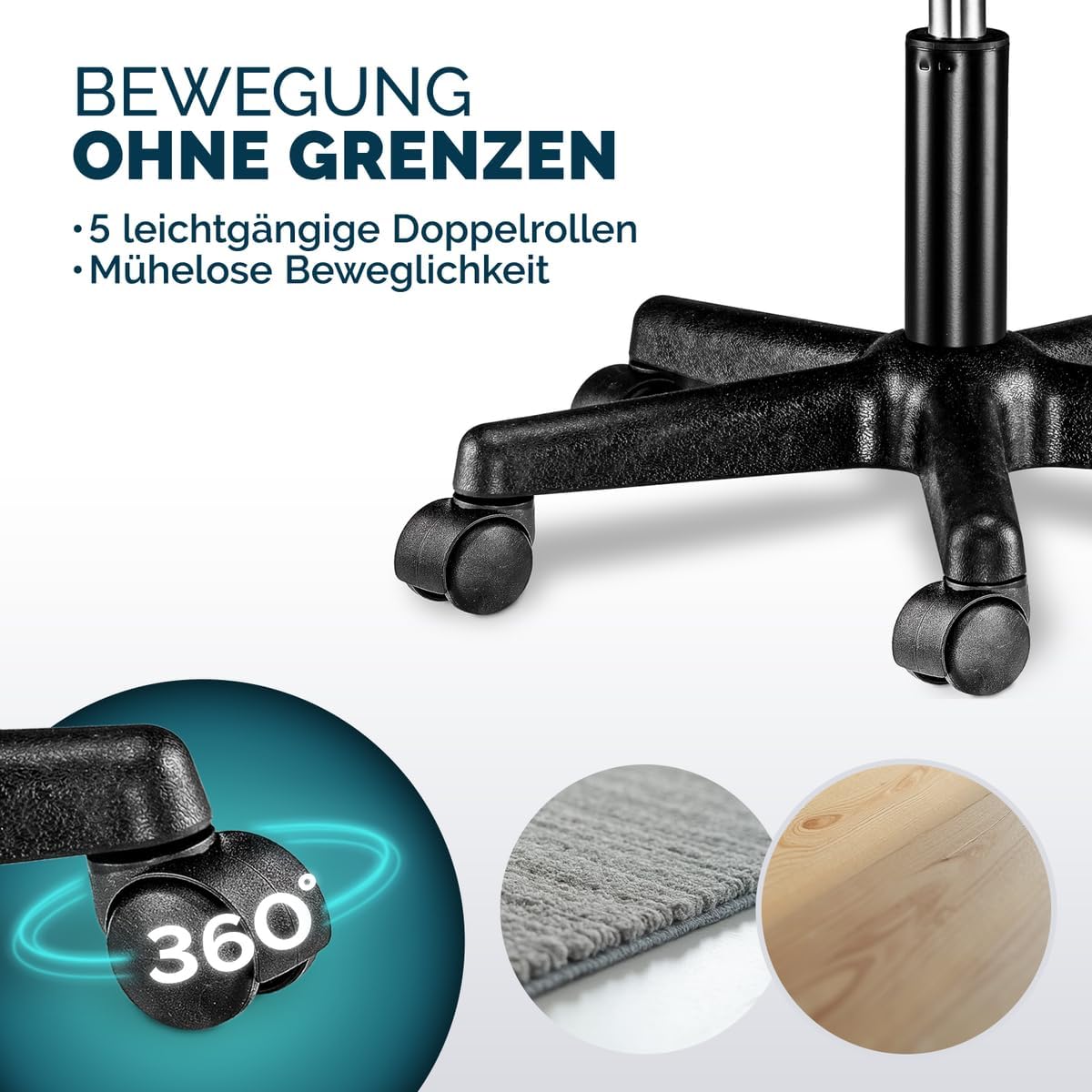 Casaria® Rollhocker Höhenverstellbar Schwarz 10cm Polsterung 46-60cm Sitzhöhe 360° Drehbar Ø35cm Rund Rollen Bürohocker Drehhocker Arbeitshocker Hocker — Ansicht 5