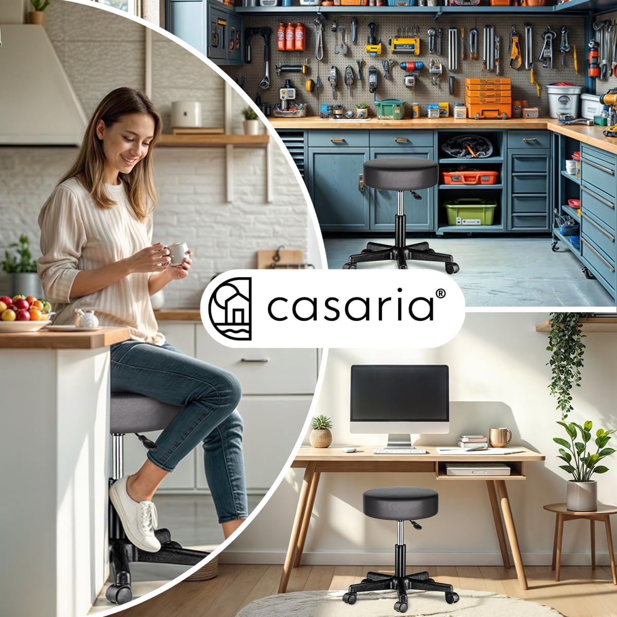 Casaria® Rollhocker Höhenverstellbar Schwarz 10cm Polsterung 46-60cm Sitzhöhe 360° Drehbar Ø35cm Rund Rollen Bürohocker Drehhocker Arbeitshocker Hocker — Ansicht 6