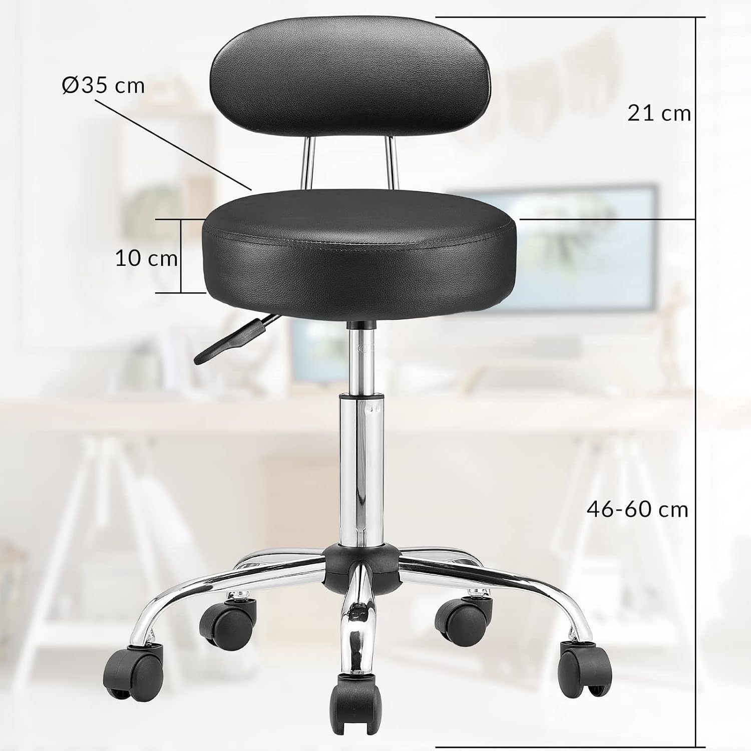 Casaria® Rollhocker mit Lehne Höhenverstellbar 10cm Polsterung 360°C Drehbar 46-60cm Sitzhöhe Küche Bürohocker Drehhocker Arbeitshocker Hocker Schwarz — Ansicht 3